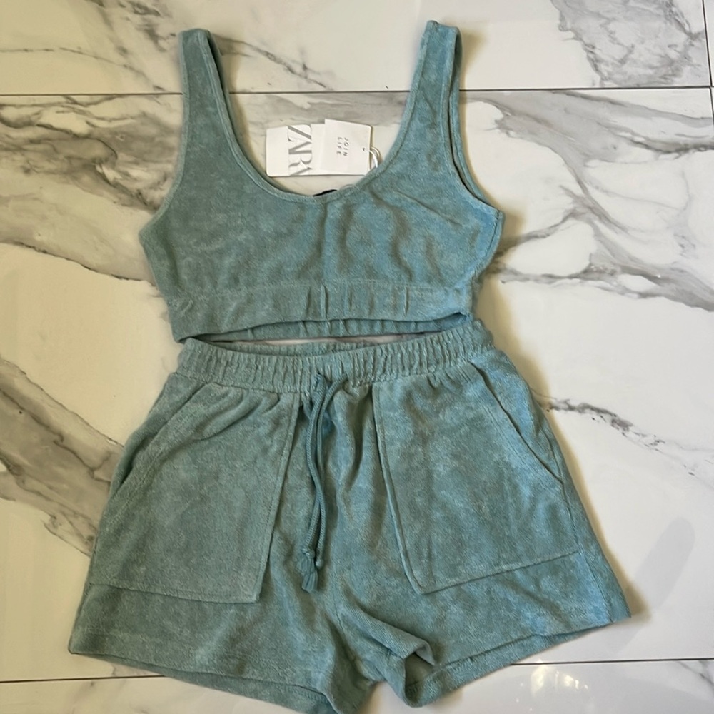 Zara Light Teal Terry Crop Tank and Shorts Set